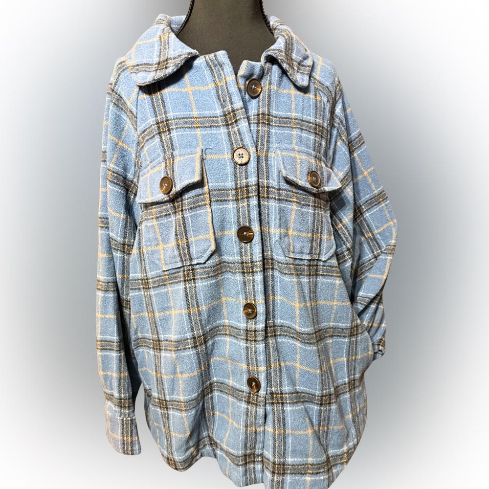 Light Blue Plaid‎ Button-Up Jacket by Very J Sz Med